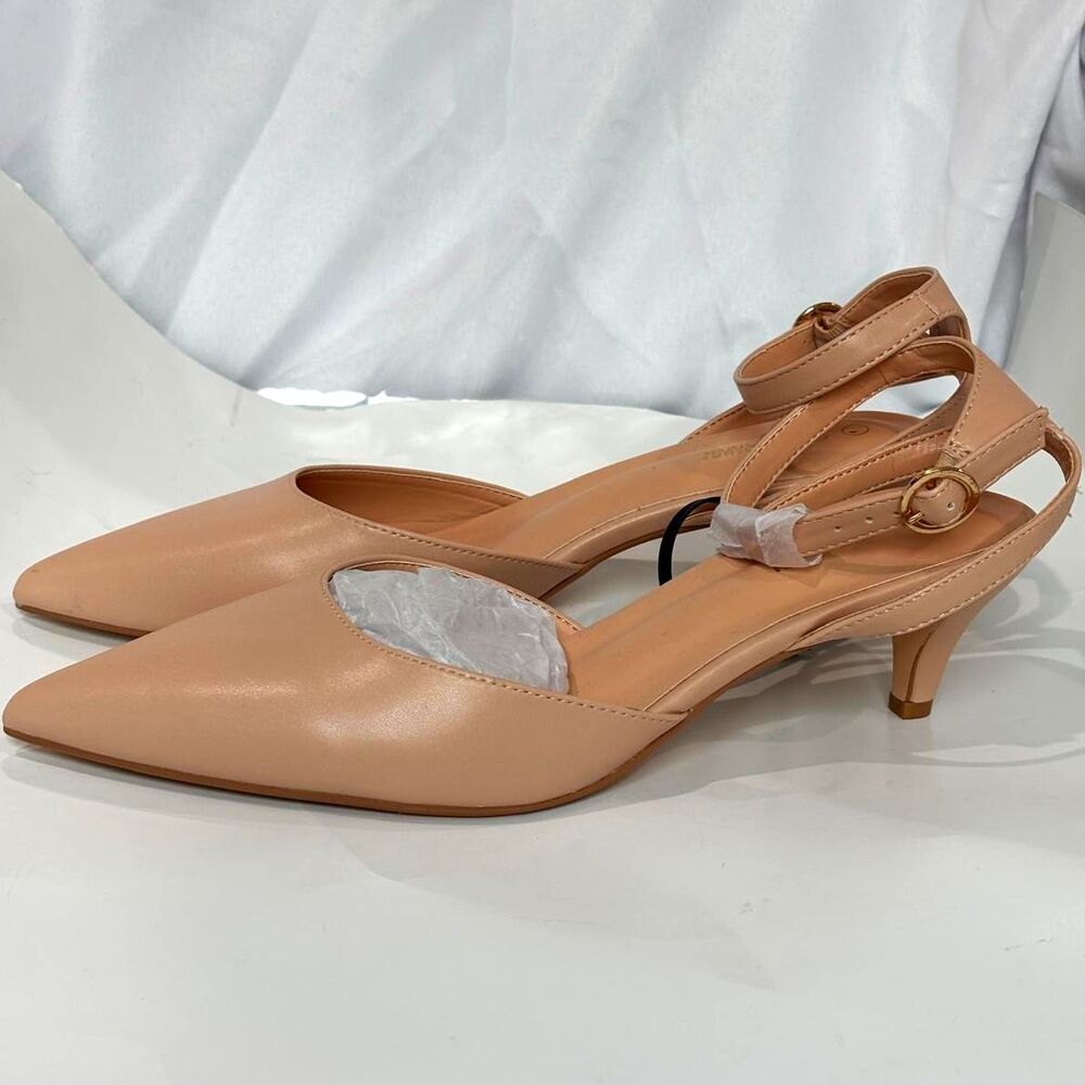 PIZZ ANNU Women's Beige Slingback Kitten Heel Pumps Pointed Toe 9.5 NWOB
